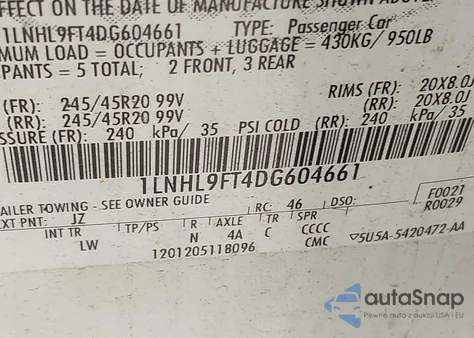 2013 Lincoln Mks Ecoboost z USA, uszkodzony, nr VIN 1LNHL9FT4DG604661